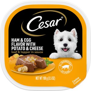 Cesar Loaf & Topper in Sauce Ham & Egg Flavor with Potato & Cheese Grain Free Small Breed Adult Wet Dog Food Trays